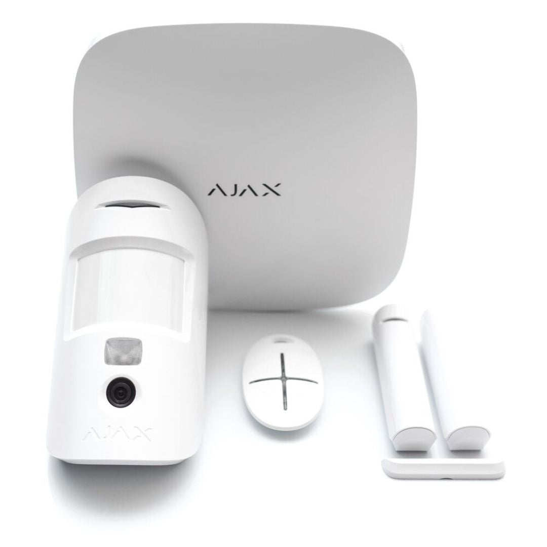 STARTERKITPLUS-CAM-W : Kit de sécurité Ajax avec caméra. Installation facile, communication sans fil et système SADIR pour la détection automatique des intrusions.