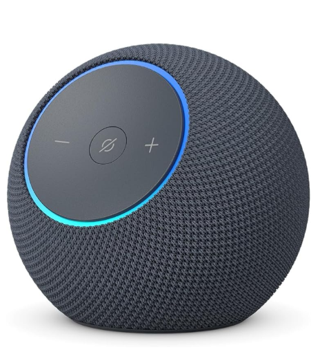 O Echo Dot Max é um altifalante inteligente projetado para oferecer áudio poderoso e envolvente, adaptando-se automaticamente ao ambiente para uma experiência sonora otimizada.