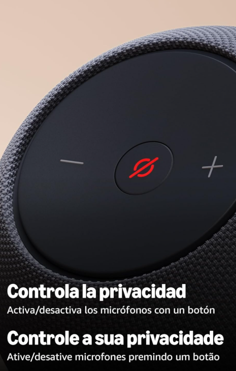 O Echo Dot Max é um altifalante inteligente projetado para oferecer áudio poderoso e envolvente, adaptando-se automaticamente ao ambiente para uma experiência sonora otimizada.