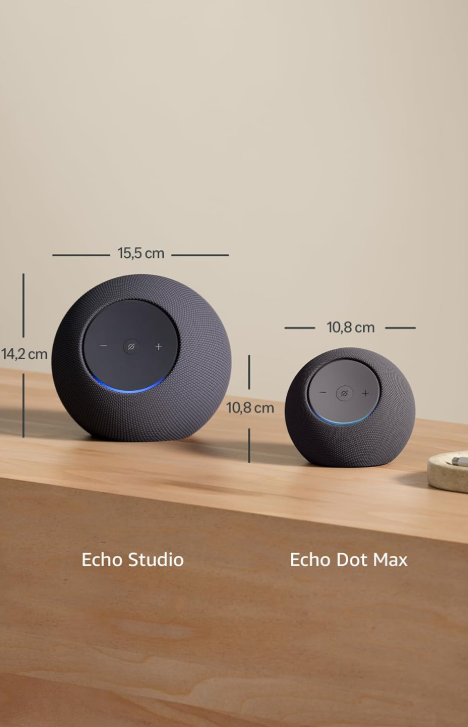 O Echo Dot Max é um altifalante inteligente projetado para oferecer áudio poderoso e envolvente, adaptando-se automaticamente ao ambiente para uma experiência sonora otimizada.