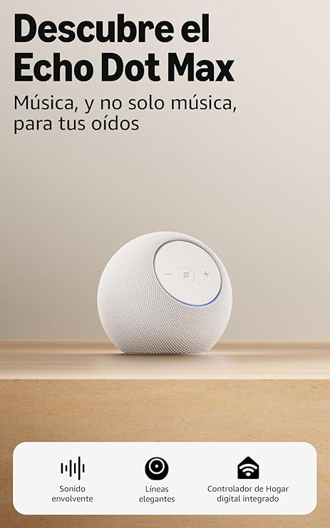 O Echo Dot Max é a nova geração de altifalantes inteligentes da Amazon, concebido para oferecer um som rico, envolvente e ajustado automaticamente ao seu espaço. Conta com um hub de casa inteligente integrado e tecnologia Omnisense para uma experiência ambiente superior. Tudo isto impulsionado pelo chip AZ3, que garante desempenho ágil e fluido.