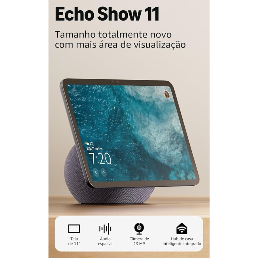 O Amazon Echo Show 11 é um assistente virtual inteligente com tela tátil Full HD de 11" e cores vibrantes, oferecendo mais área de visualização para conteúdos, receitas, calendários e listas de compras. Equipado com chip AZ3 Pro para desempenho superior e tecnologia Omnisense, permite otimizar o ambiente, controlar dispositivos domésticos inteligentes, ativar rotinas personalizadas e realizar videoconferências com qualidade excepcional. Com áudio espacial envolvente e funções de enquadramento automático, é 