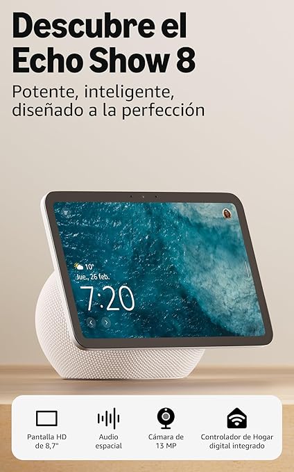 O Amazon Echo Show 8 (última geração) combina desempenho avançado, design refinado e inteligência ambiental numa tela HD de 8,7", agora com 15% mais área de visualização em comparação com o modelo de 2023. Equipado com o potente chip AZ3 Pro e tecnologia Omnisense, oferece resposta mais rápida, rotinas inteligentes baseadas em presença e temperatura, e controlo otimizado do ambiente.