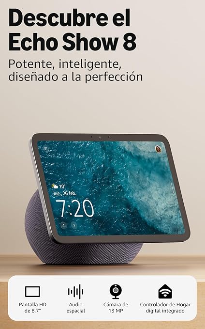 O Amazon Echo Show 8 (última geração) oferece uma experiência ainda mais potente e imersiva, graças ao seu novo ecrã HD de 8,7", agora com 15% mais área útil do que o modelo de 2023.