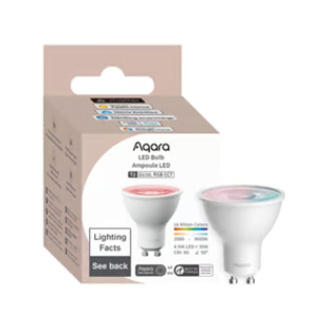 Intelligente GU10-Lampe mit weißem und farbigem Licht, effizient und vielseitig.