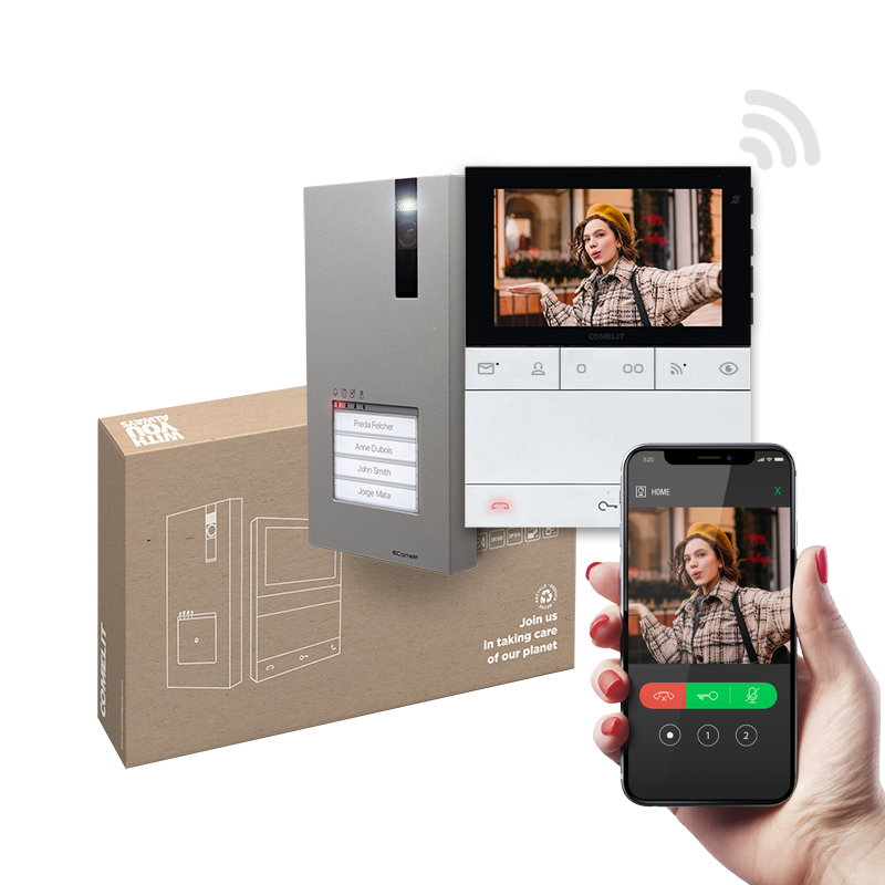 O Kit Comelit Quadra &amp; People Alta-Voz Wi-Fi é uma solução completa de vídeo-porteiro monofamiliar para sistemas Simplebus2, ideal para habitações ou aplicações terciárias. O sistema pode ser expandido até 4 postos externos e 4 utilizadores, cada um com até 4 vídeo-intercomunicadores, garantindo elevada flexibilidade e escalabilidade.