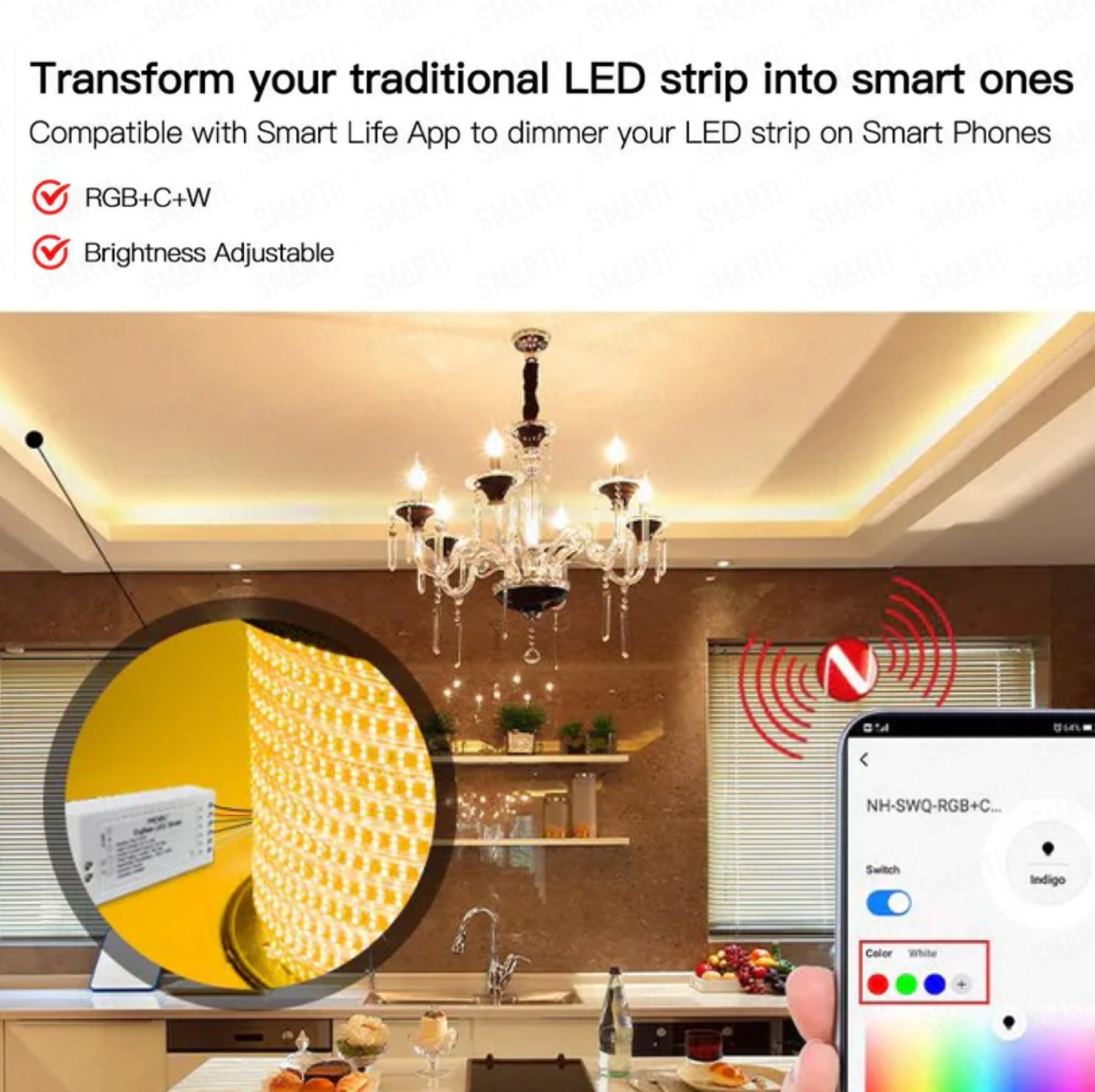 Controlador ZigBee para Fita LED RGB+CCT. Pode conectar: RGB W / WW / RGBW / RGBWW. Funcionamento a 12/24V (não inclui adaptador). Necessita do Gateway Tuya ZigBee para funcionar. Sincroniza com o som de música podendo ser instalado atrás de uma TV.  Conecta com gateways Tuya, e ainda com Smartthings. Suporta controlo por voz com Alexa e Google Home.