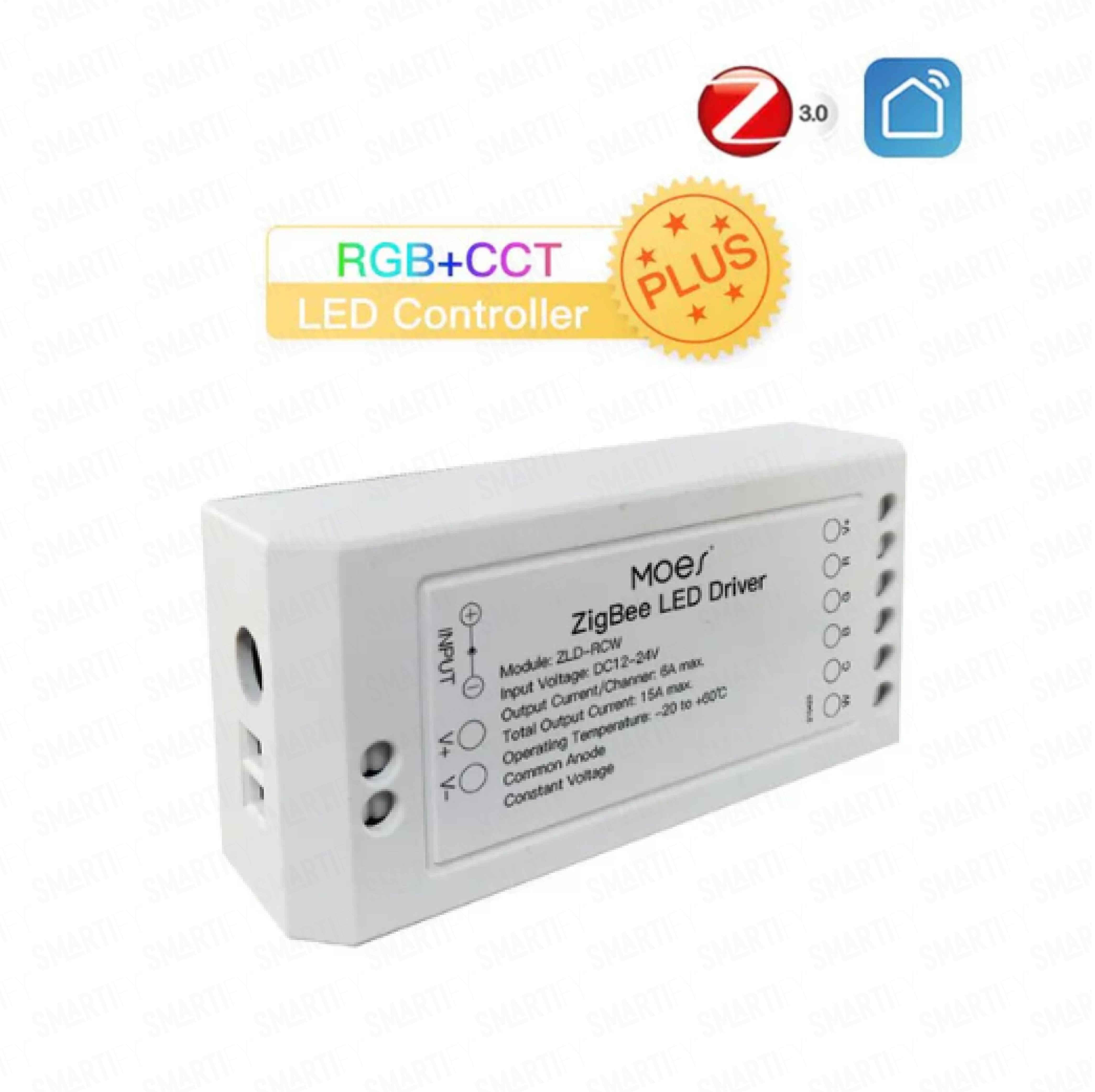 Controlador ZigBee para Fita LED RGB+CCT. Pode conectar: RGB W / WW / RGBW / RGBWW. Funcionamento a 12/24V (não inclui adaptador). Necessita do Gateway Tuya ZigBee para funcionar. Sincroniza com o som de música podendo ser instalado atrás de uma TV.  Conecta com gateways Tuya, e ainda com Smartthings. Suporta controlo por voz com Alexa e Google Home.