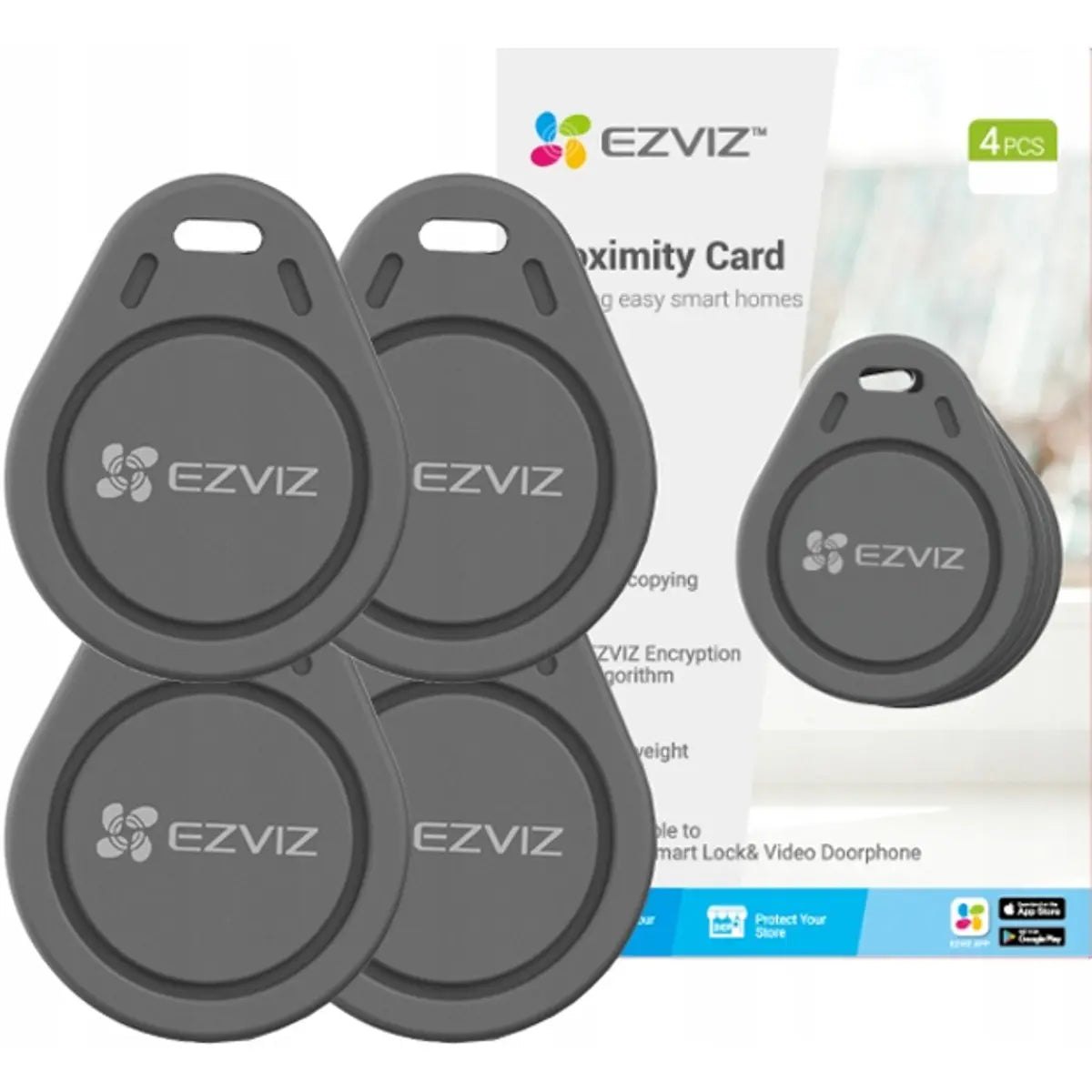 Conjunto de quatro tags de proximidade por rádiofrequência para portas e portões, permitindo abertura rápida sem código. Com encriptação exclusiva EZVIZ e tecnologia anti-cópia, garantem segurança reforçada no acesso ao teu lar.