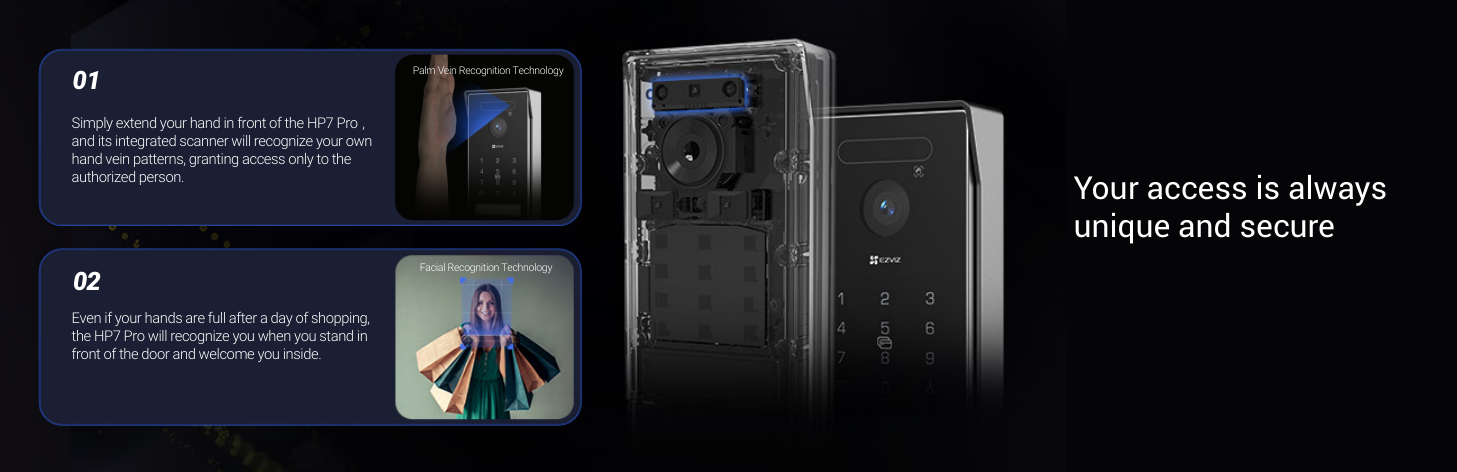 O EZVIZ HP7 Pro é um sistema de videoporteiro inteligente de última geração que combina imagem 4K Ultra HD, reconhecimento biométrico avançado e um ecrã tátil de 8” que funciona como centro de controlo doméstico. Desenvolvido para moradias modernas, permite acessos seguros, sem contacto e totalmente personalizáveis.