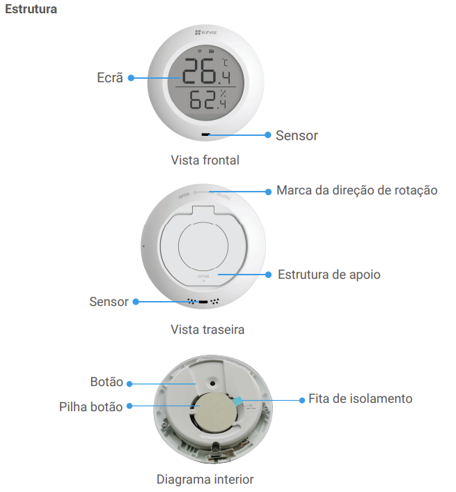  EZVIZ T51C utiliza um sensor digital de alta precisão para fornecer dados exatos sobre o ambiente da tua casa. Com ecrã grande de 1.8 polegadas, podes consultar temperatura e humidade à distância ou diretamente no dispositivo. Alertas instantâneos na aplicação EZVIZ quando há alterações significativas.