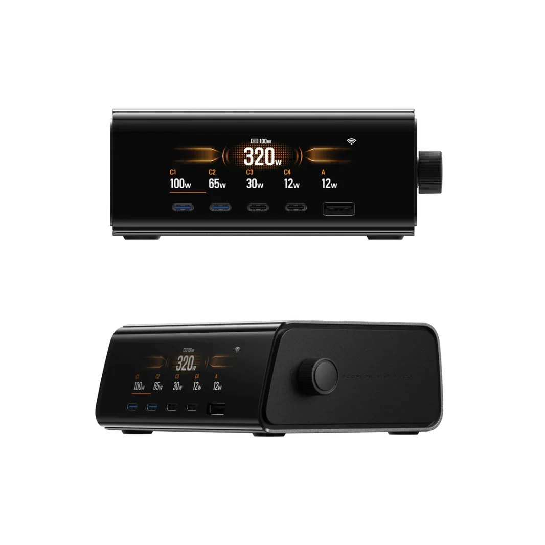 EcoFlow RAPID Pro estação de carregamento com 5 portas USB + pogo magnético. 320W total, 140W por porta USB-C. GaN compacto, app EcoFlow, display LCD 3" com dial físico. Powerbank 27k a 80% em 20min.