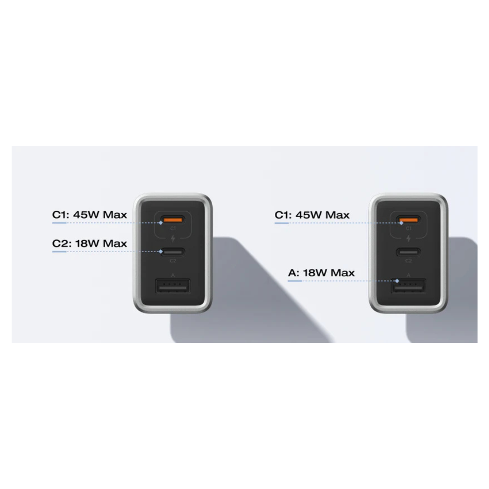 O Carregador EcoFlow RAPID 65W oferece praticidade e eficiência no dia a dia. Com duas portas USB-C e uma porta USB-A, permite carregar até três dispositivos em simultâneo. Graças à tecnologia GaN, apresenta um design compacto, sendo 48% mais pequeno do que os carregadores tradicionais, sem comprometer a potência. Compatível com uma vasta gama de equipamentos, assegura um carregamento rápido e seguro para smartphones, tablets e portáteis com entrada USB-C.