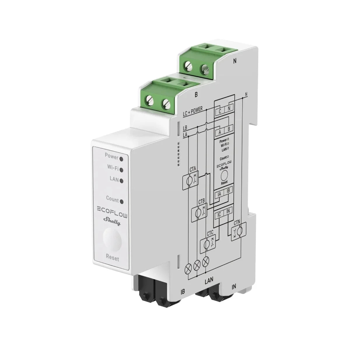 O EcoFlow × Shelly Smart Meter é um medidor de energia trifásico para montagem em calha DIN, baseado no modelo Shelly Pro 3EM, concebido para monitorizar o consumo elétrico em tempo real com elevada precisão. Suporta comunicações via Wi-Fi, LAN e Bluetooth, permitindo integração com sistemas EcoFlow como OASIS ou STREAM, bem como funcionalidades de automação e exportação avançadas de dados. Ideal para ambientes residenciais, comerciais ou industriais que necessitem de gestão e otimização energética, com pos
