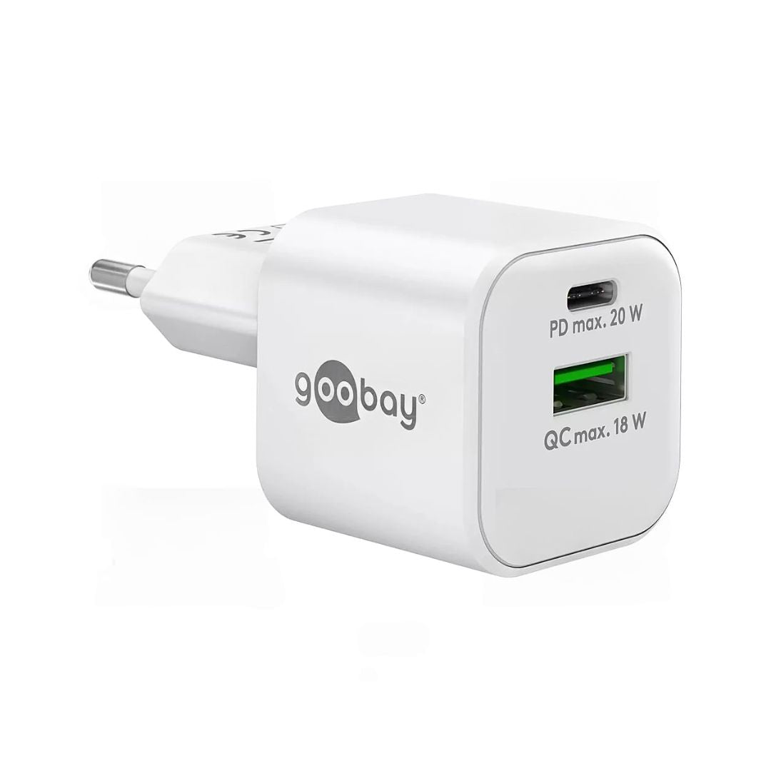 Carregador rápido com USB-C PD e USB-A QC. Carrega até 2 dispositivos com potência de 20W e tecnologia GaN compacta e eficiente.