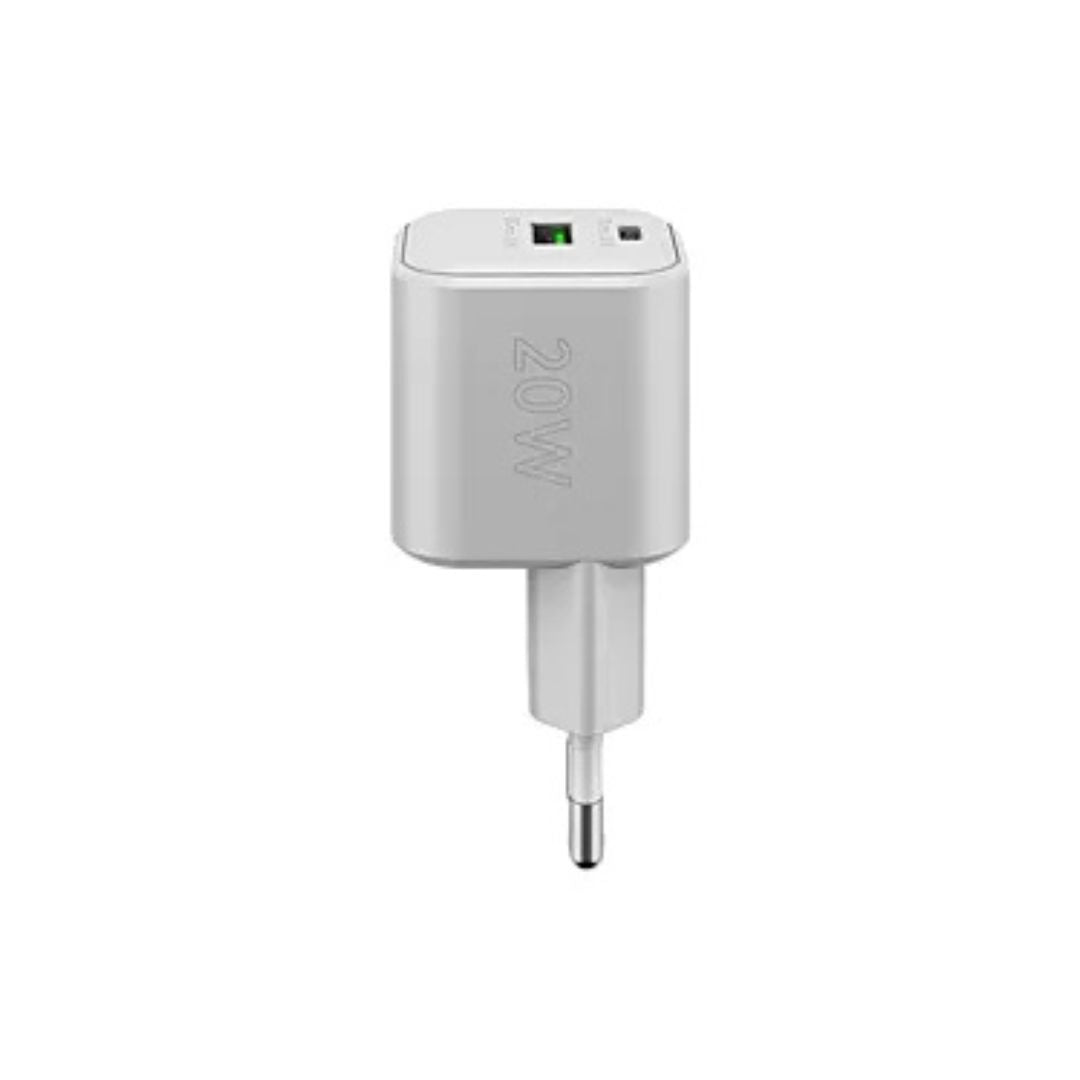 Carregador rápido com USB-C PD e USB-A QC. Carrega até 2 dispositivos com potência de 20W e tecnologia GaN compacta e eficiente.