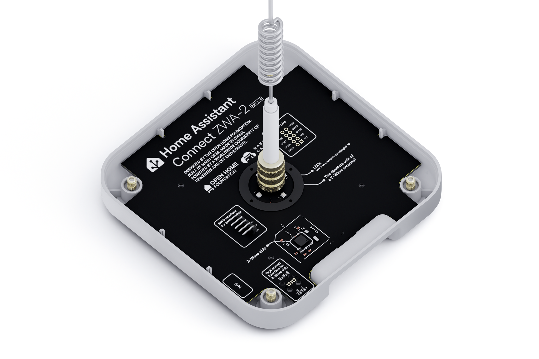 O Home Assistant Connect ZWA-2 é uma antena Z-Wave USB de alto desempenho, projetada para conectar dispositivos Z-Wave ao Home Assistant de forma confiável e eficiente. Equipado com chipset Z-Wave série 800 e suporte para Z-Wave Long Range*, oferece maior alcance, comunicação estável e melhor autonomia para dispositivos alimentados por bateria.