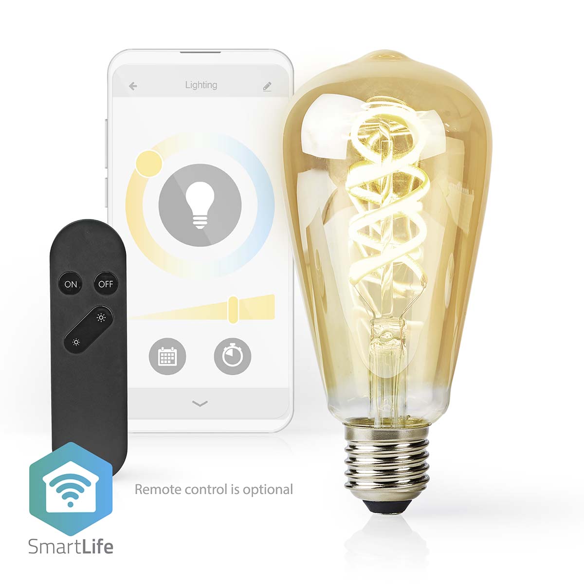 Lâmpada de Filamento Inteligente: Controlo de brilho por app, voz (Google Home/Alexa) e temporizador. Design clássico e configuração fácil.