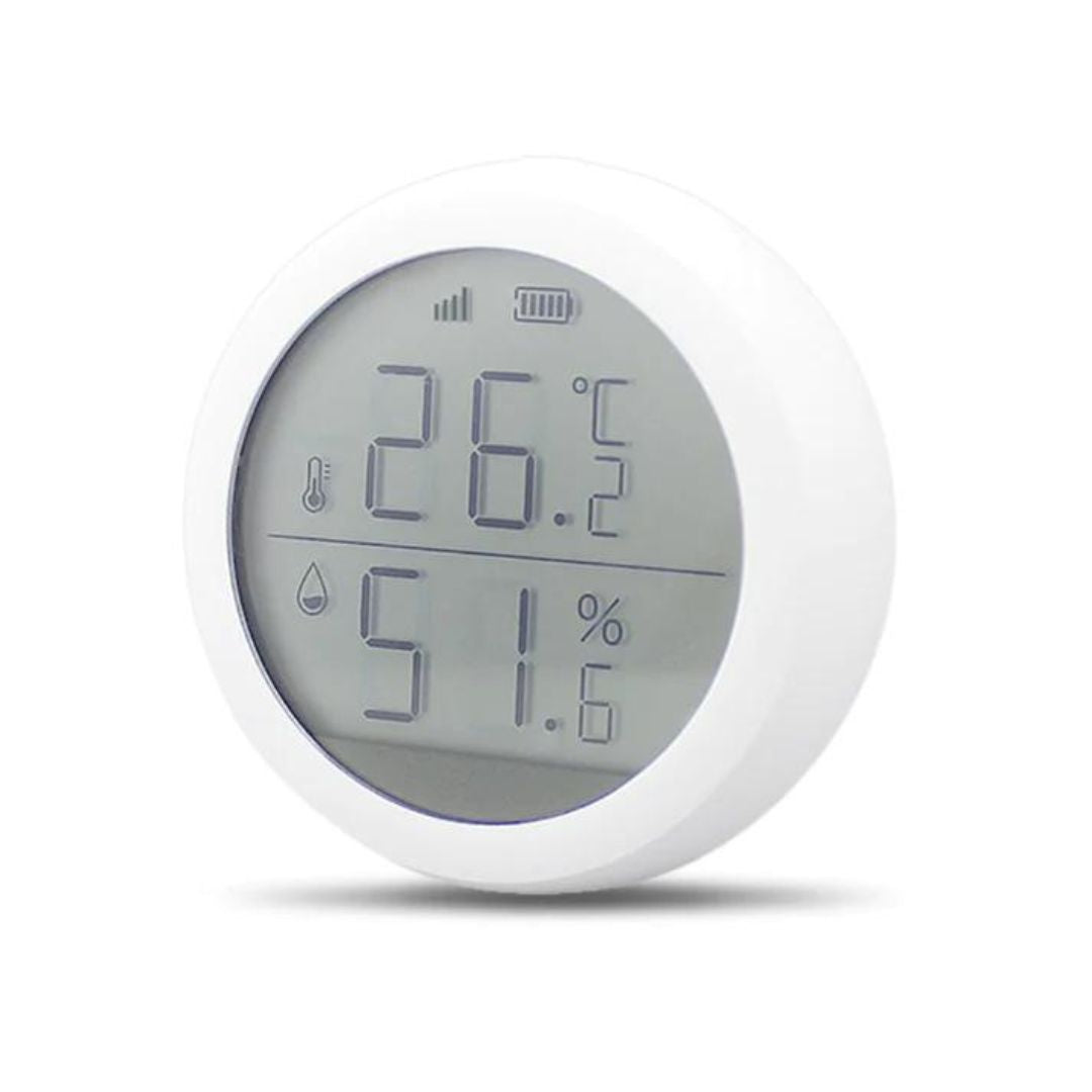 Sensor Ambiental ZigBee: Monitora temperatura e humidade em tempo real, alarmes personalizáveis, controlo remoto via APP. Saúde e conforto na sua casa.