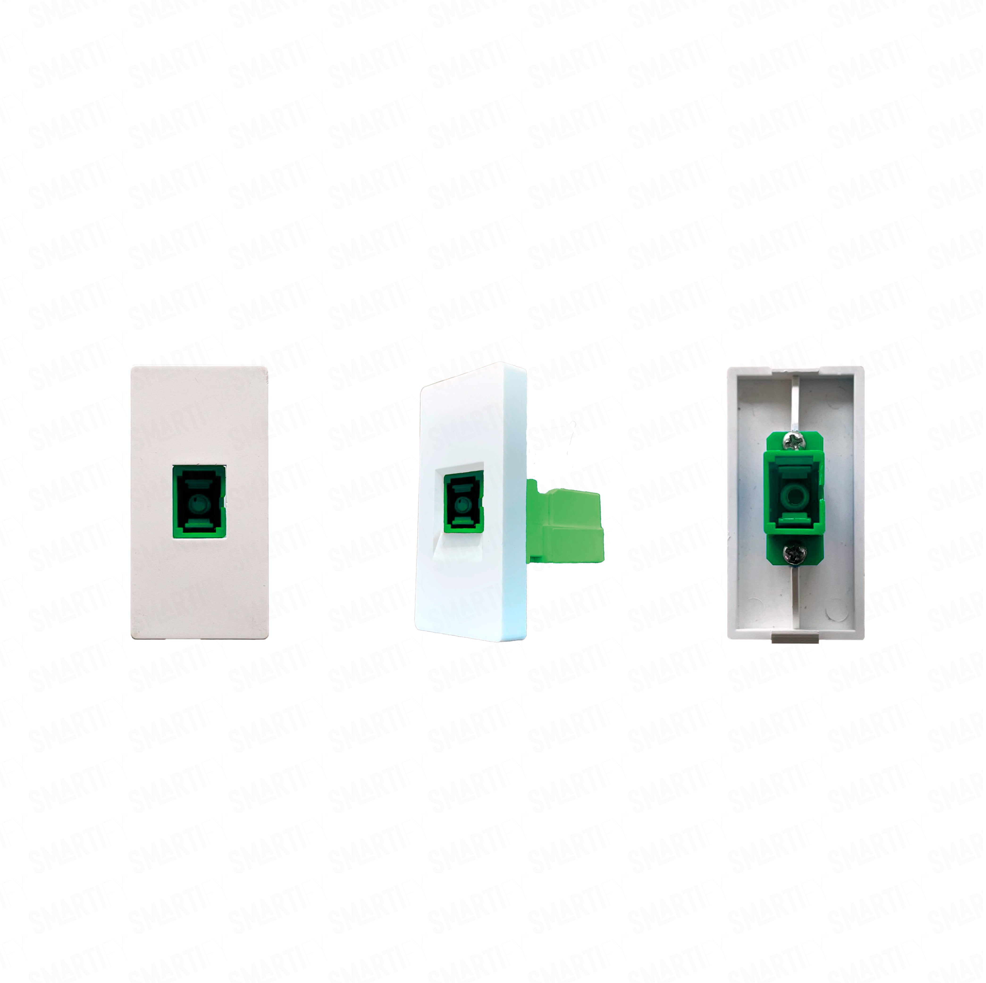 Meio Módulo SC APC Branco –  imagem exibindo três ângulos do dispositivo, destacando seu design compacto.