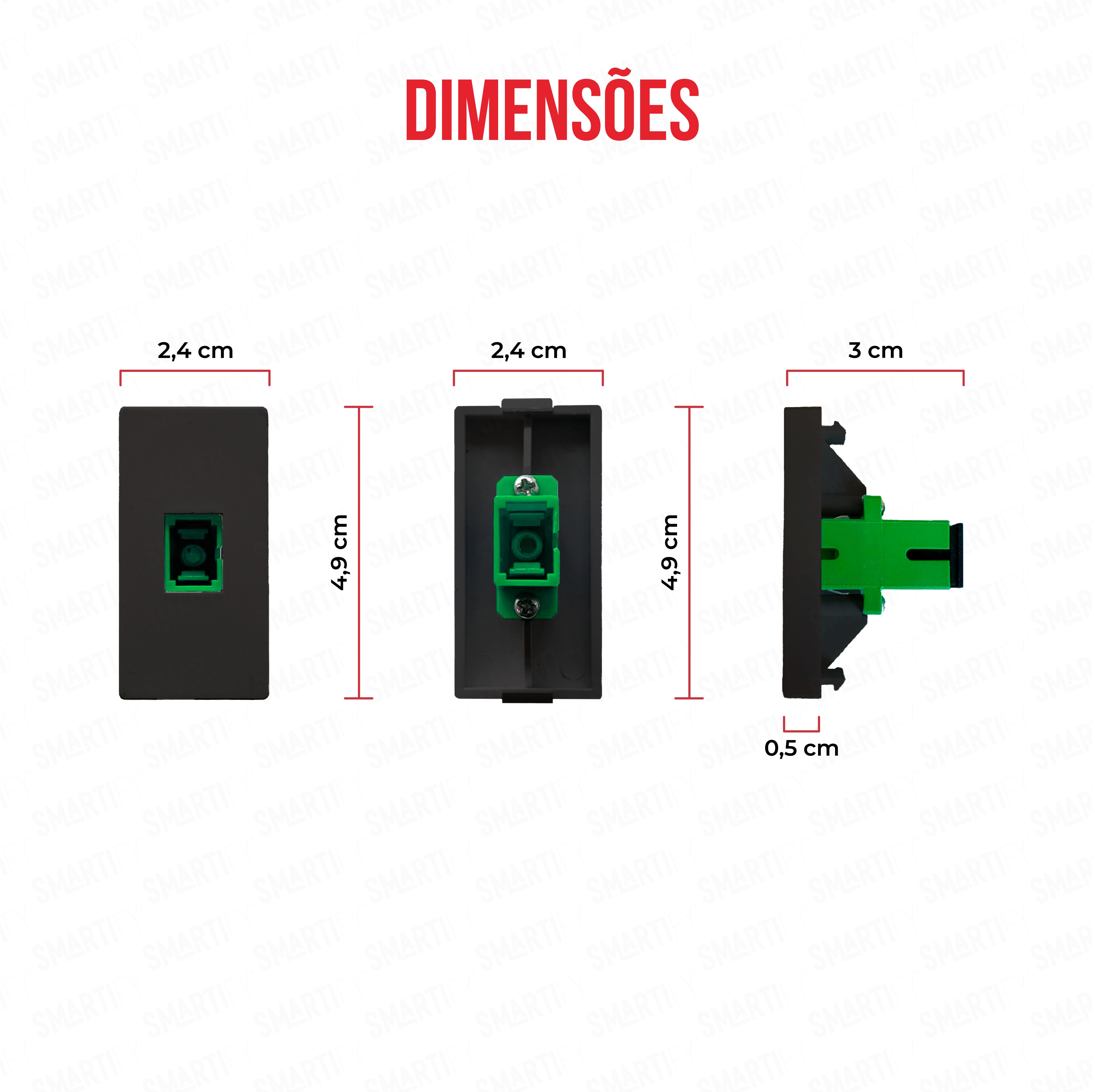 Meio Módulo SC APC Preto – imagem exibindo as dimensões do produto, destacando seu design compacto.