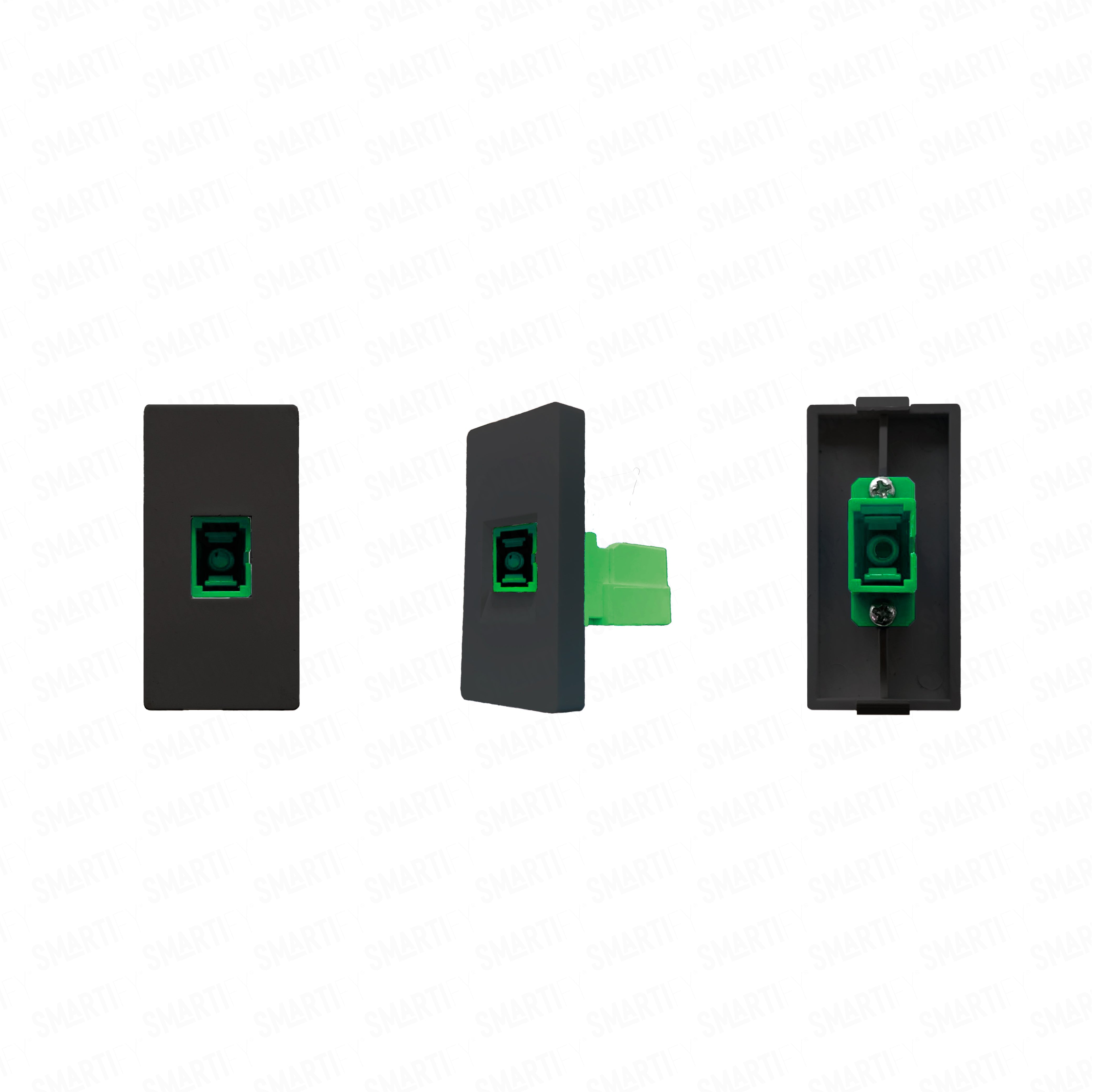 Meio Módulo SC APC Preto – imagem exibindo três ângulos do dispositivo, destacando seu design compacto.