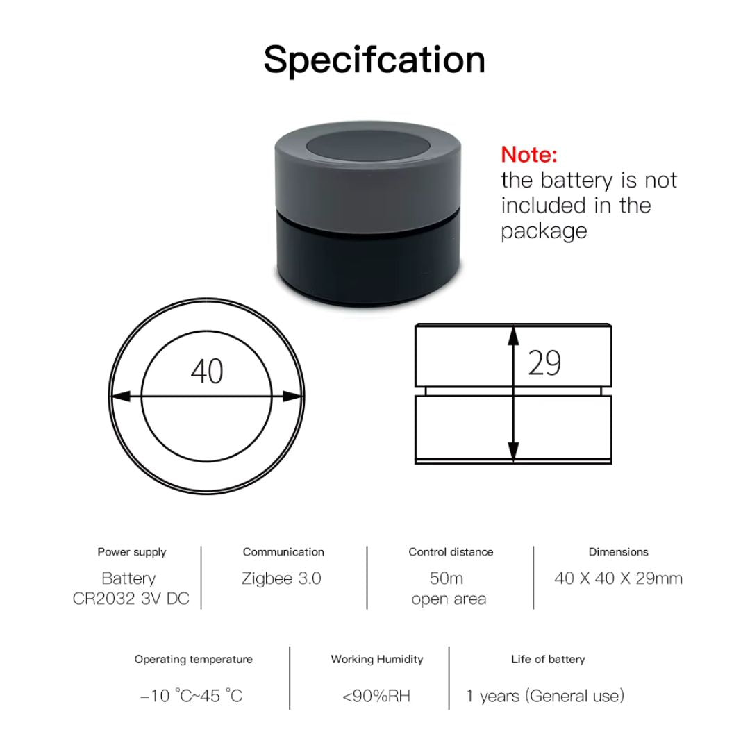 Interruptor sem fios ZigBee para controlo de cenários, regulação de intensidade e temperatura de cor com autonomia de até 1 ano.