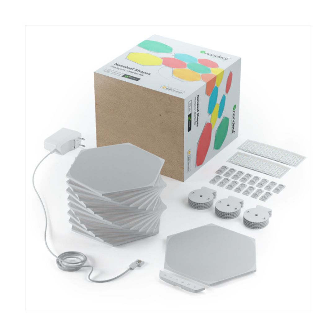 Kit de 15 painéis Nanoleaf Shapes Hexagons com WiFi e sensor de áudio. Compatível com iOS, Android e Alexa. Personaliza e sincroniza luzes com som.