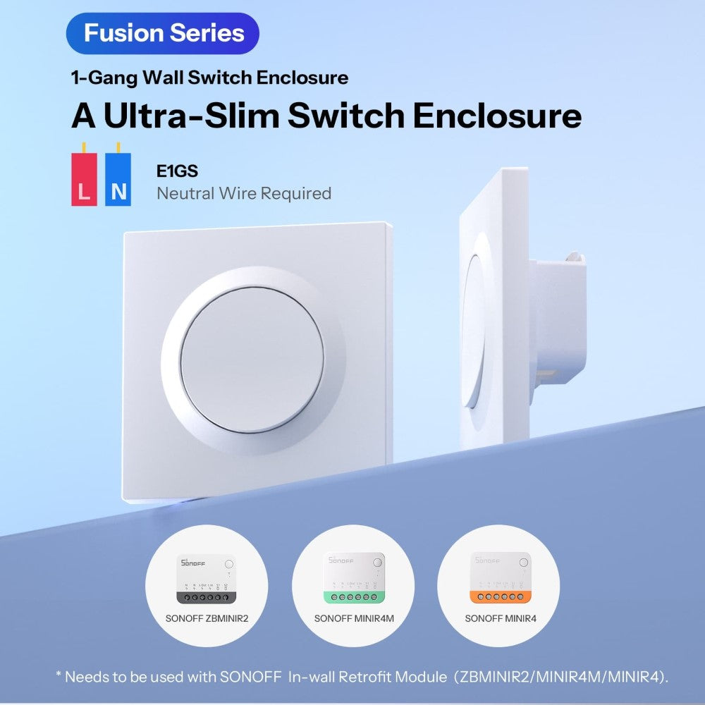 O SONOFF E1GSL é um interruptor de parede inteligente da série Fusion, desenvolvido especificamente para utilização com o módulo SONOFF ZBMINIL2. Com um design moderno, minimalista e ultrafino, combina funcionalidade, estética e durabilidade, tornando-se a escolha ideal para projetos de automação residencial e modernização de instalações elétricas.