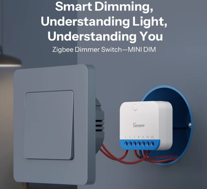 O SONOFF MINI-ZBDIM é um dimmer inteligente ultra-compacto que permite transformar um interruptor tradicional num sistema de iluminação inteligente com regulação de intensidade.