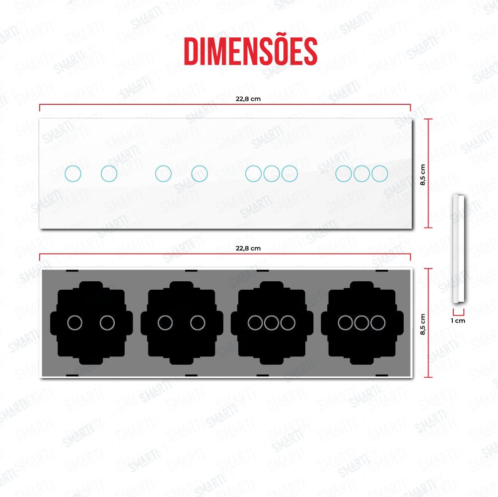 Smartify vPRO Espejo Cuádruple (2 botones + 2 botones + 3 botones + 3 botones) Blanco - SYPE402020303BR – dimensiones de espejo compacto con acabado en vidrio templado.