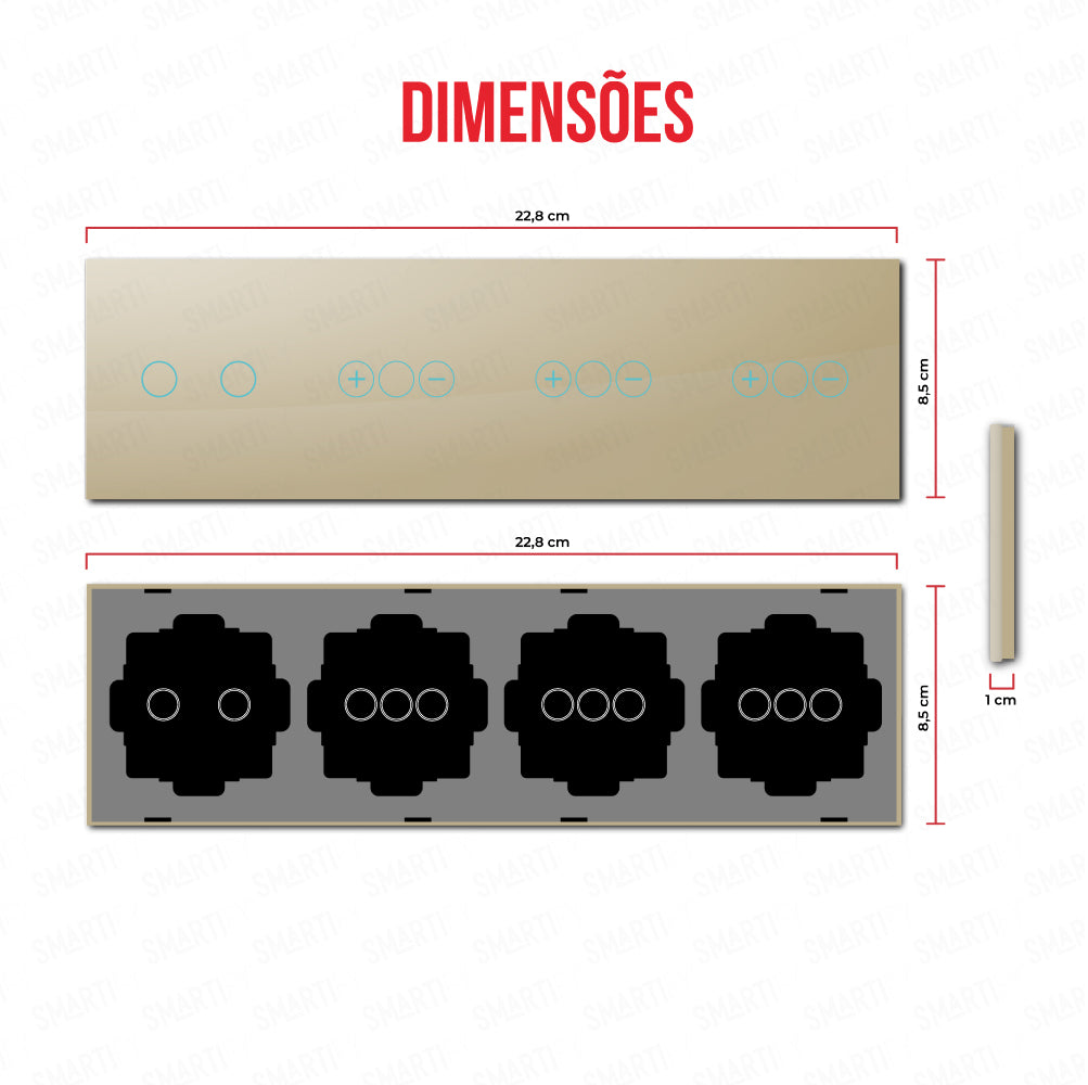 Smartify vPRO Espelho Quadruplo (2 botões + Dimmer + Dimmer + Dimmer) Dourado - SYPE4021D1D1DDR