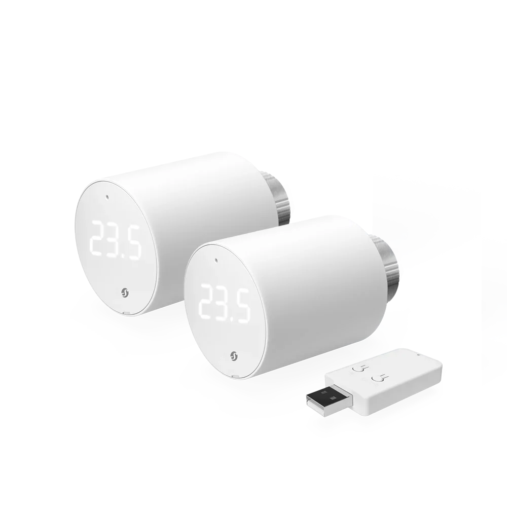 Válvula inteligente para radiador operada por Bluetooth e Wi-Fi, oferecendo controlo preciso da temperatura e integração com casas inteligentes.