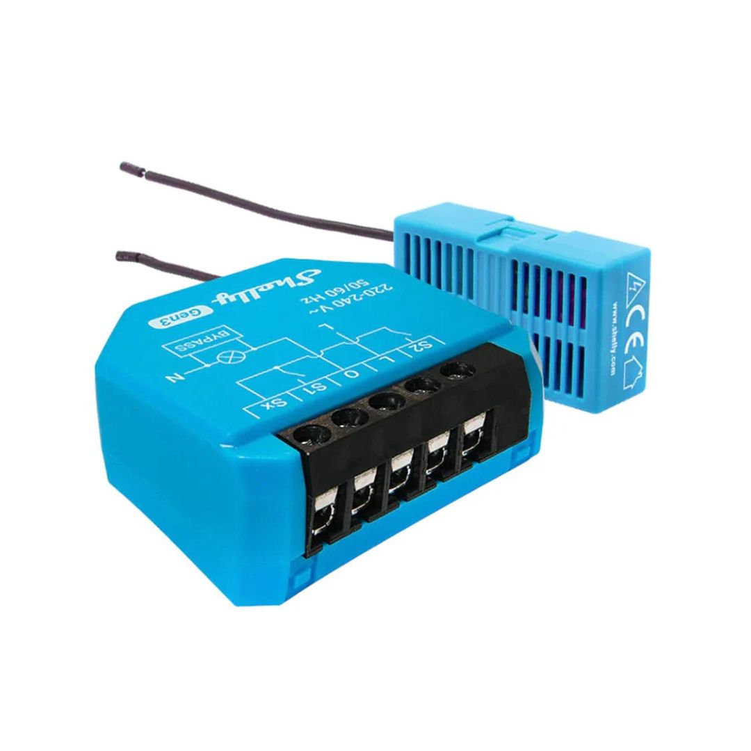 Interruptor inteligente Wi-Fi de 1 canal, sem fio neutro, ideal para cargas até 200W. Compatível com Alexa, Matter e inclui Shelly Bypass.