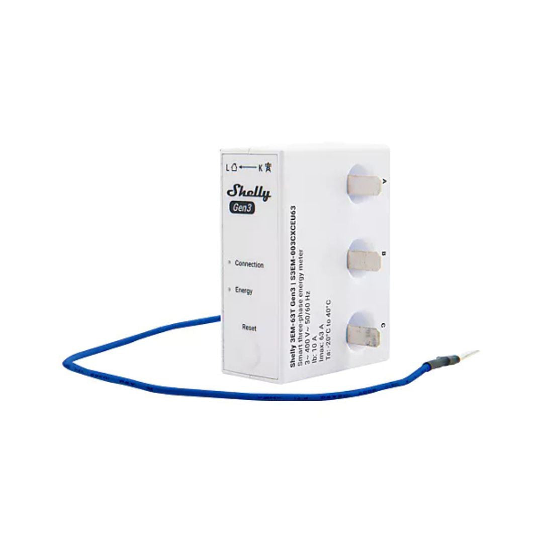Medidor trifásico Shelly com Wi-Fi e TC’s de 63A, ideal para monitorização local ou remota.