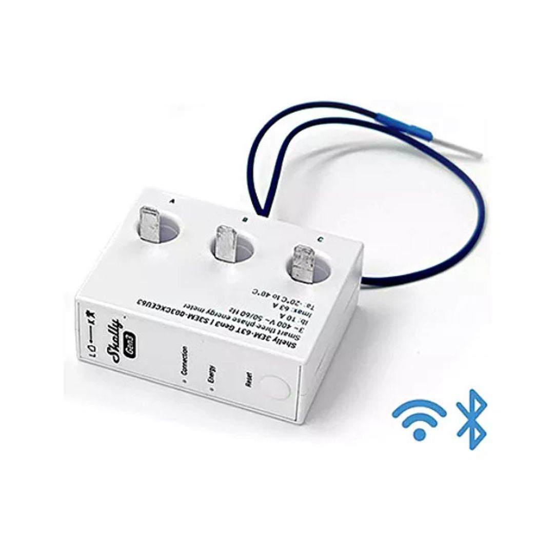 Medidor trifásico Shelly com Wi-Fi e TC’s de 63A, ideal para monitorização local ou remota.