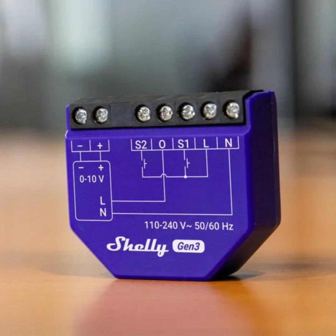 Shelly Dimmer 0/1-10V PM Gen3: controlo inteligente de dispositivos via WiFi, medição de energia, integração fácil, sem necessidade de hub.