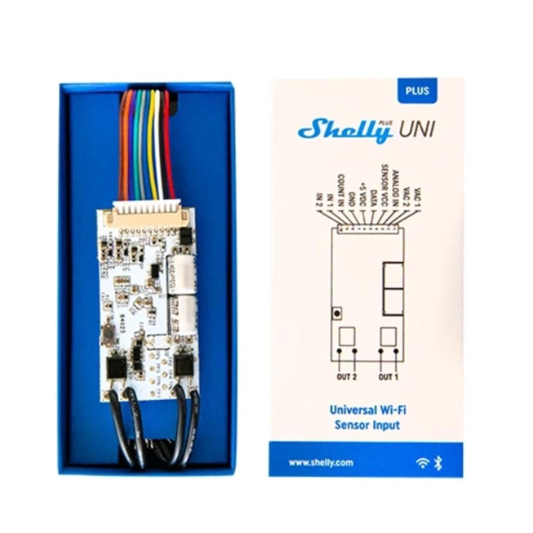 Controla e automatiza dispositivos elétricos com o Shelly Plus Uni, um módulo compacto e versátil, ideal para integrares sensores e dispositivos inteligentes.