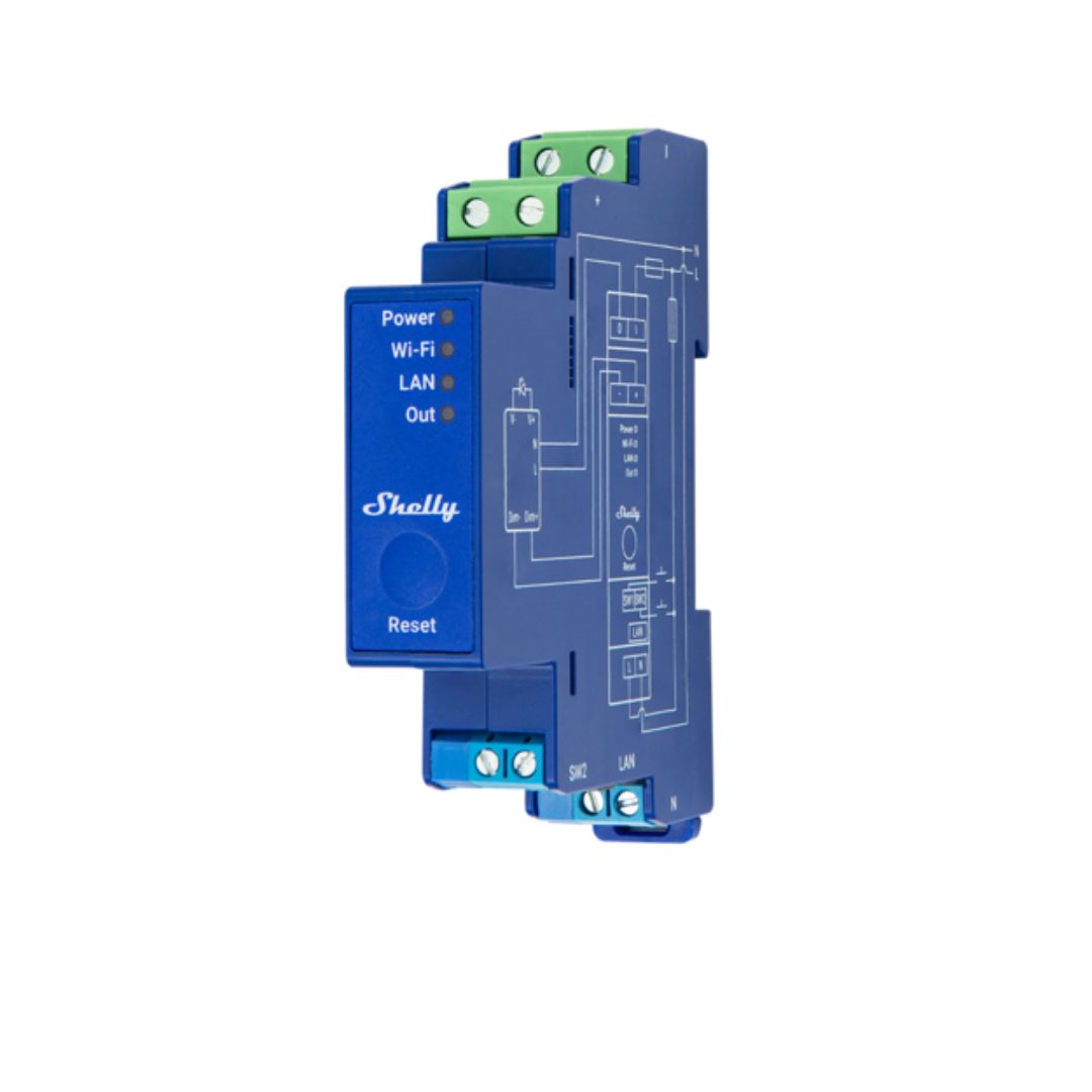 Controlador de dimerização inteligente Shelly Pro para aparelhos de 0/1-10V, com suporte WiFi/Bluetooth e medição de potência, ideal para automação.