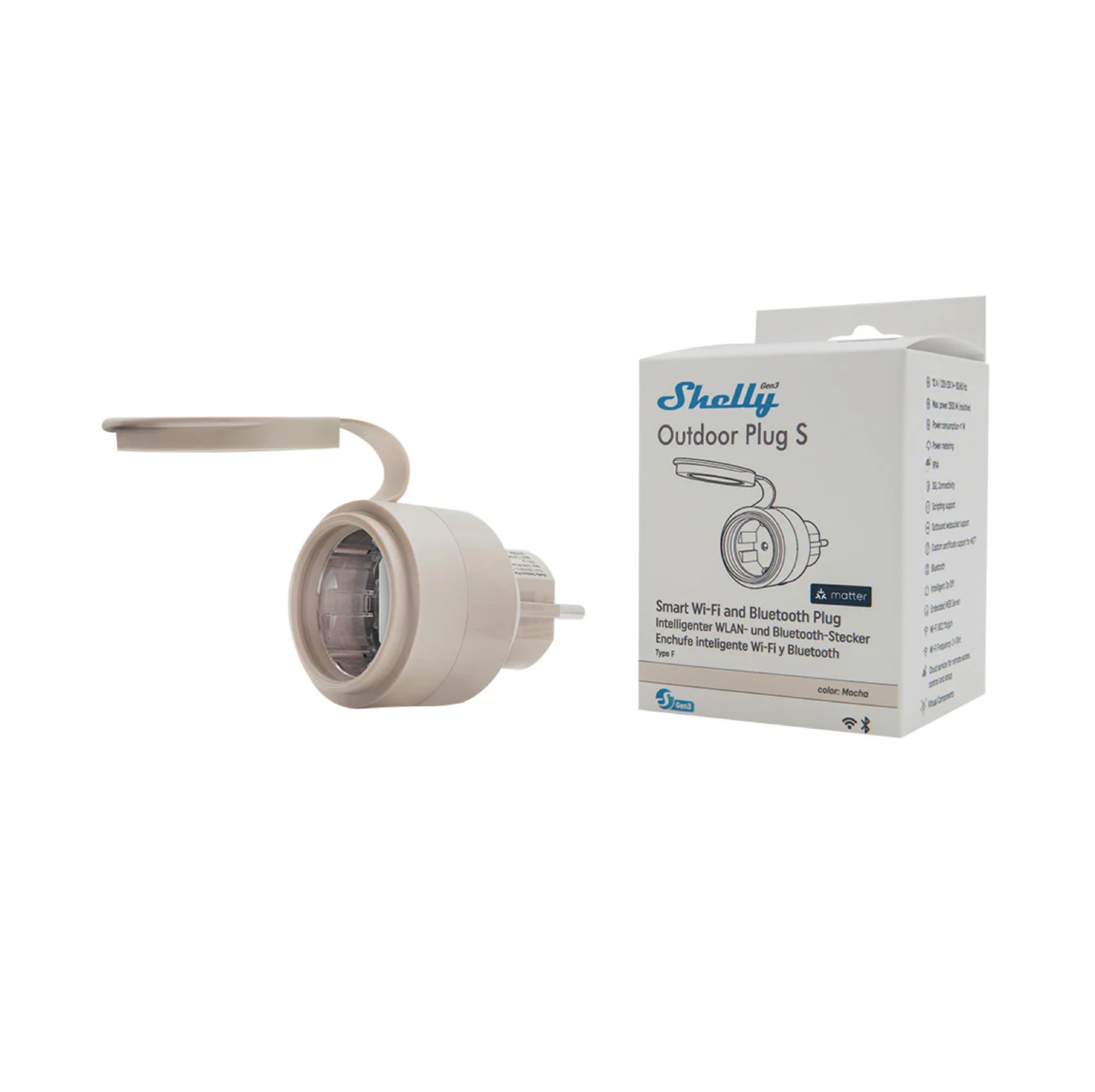 O Shelly Outdoor Plug S Gen3 é um plugue inteligente compatível com Matter e Wi-Fi, oferecendo controlo remoto, monitoramento de energia e LEDs multicoloridos.