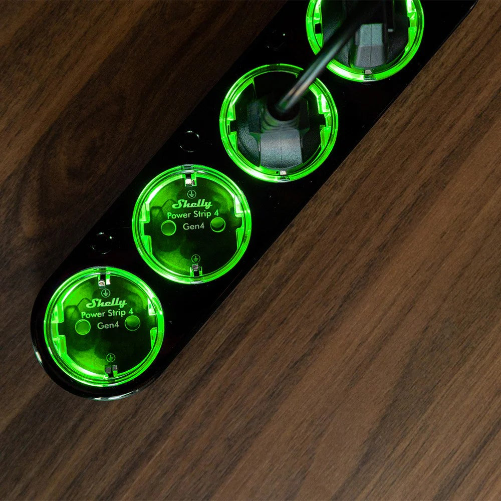 A Shelly Power Strip 4 Gen4 é uma régua de tomadas inteligentes de última geração, compacta, potente e extremamente versátil, ideal para controlar e monitorizar vários dispositivos elétricos de forma individual. Com suporte para Wi-Fi, Bluetooth, Zigbee e Matter, integra-se facilmente com os principais ecossistemas de automação doméstica, como Apple HomeKit, Alexa, Google Home e SmartThings.