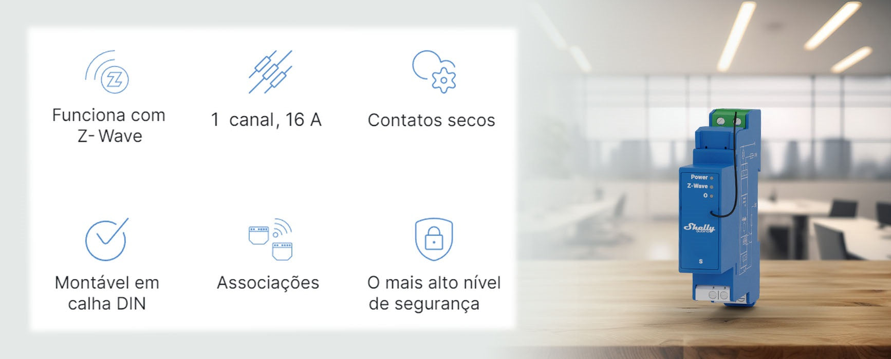 O Shelly Qubino Wave PRO 1 é um módulo profissional para automação, concebido para instalação em calha DIN dentro de quadros elétricos. Equipado com um relé de contacto seco (livre de potencial), permite comutar circuitos e dispositivos até 16 A, sendo ideal para sistemas residenciais ou projetos de controlo remoto mais avançados.