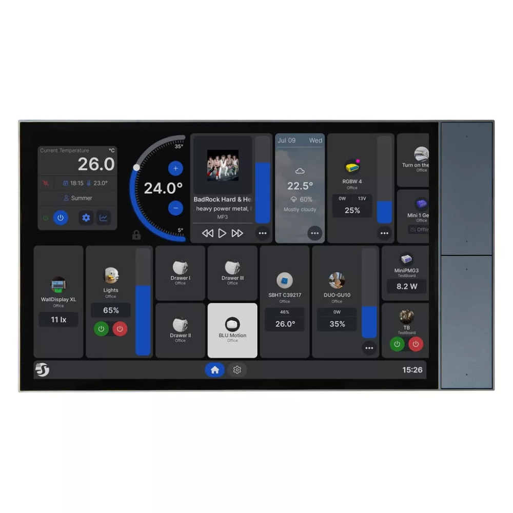 O Shelly Wall Display XL é um painel de controlo inteligente com ecrã tátil de 10,1 polegadas, desenvolvido para centralizar a gestão de todos os dispositivos Shelly e das automatizações domésticas. Equipado com quatro botões personalizáveis e um relé integrado, permite comandar luzes, climatização, estores e outros equipamentos a partir de um único local. Ideal para casas, apartamentos, hotéis e espaços comerciais, combina um design elegante com elevado desempenho e conectividade moderna, suportando wifi 6