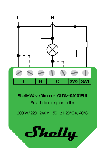 O Shelly Wave Dimmer LR é um controlador inteligente de iluminação regulável até 200 W, compatível com Z-Wave Plus e Z-Wave Long Range. Permite instalação com ou sem fio neutro (bypass para cargas <5 W) e oferece medições em tempo real de potência, energia, corrente e tensão.