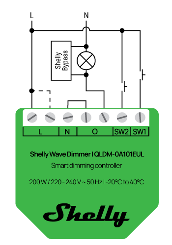 O Shelly Wave Dimmer LR é um controlador inteligente de iluminação regulável até 200 W, compatível com Z-Wave Plus e Z-Wave Long Range. Permite instalação com ou sem fio neutro (bypass para cargas <5 W) e oferece medições em tempo real de potência, energia, corrente e tensão.