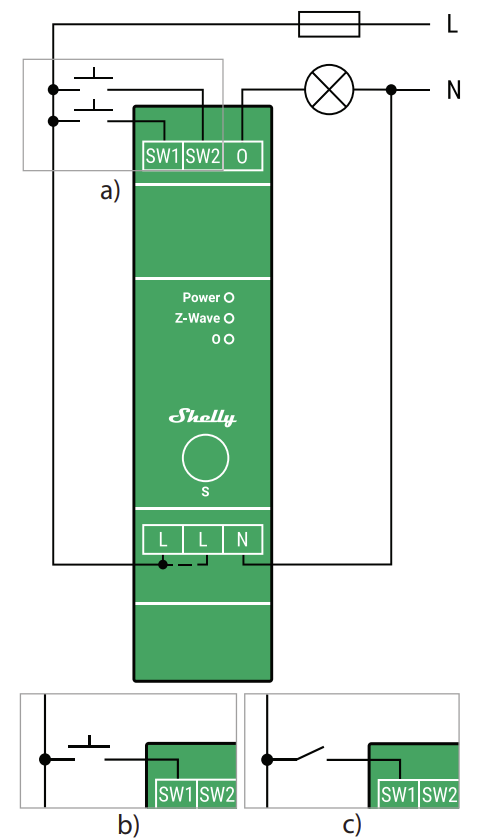 O Shelly Wave Pro Dimmer 1PM é um módulo dimmer inteligente de 1 canal, concebido para montagem em calha DIN, com medição de potência integrada e controlo remoto via Z-Wave S800 (868,4 MHz). 