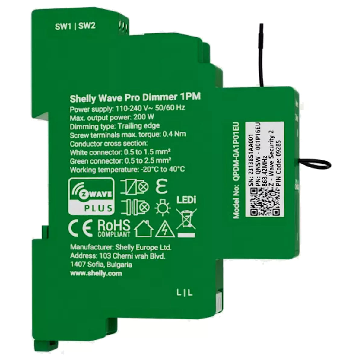 O Shelly Wave Pro Dimmer 1PM é um módulo dimmer inteligente de 1 canal, concebido para montagem em calha DIN, com medição de potência integrada e controlo remoto via Z-Wave S800 (868,4 MHz). 