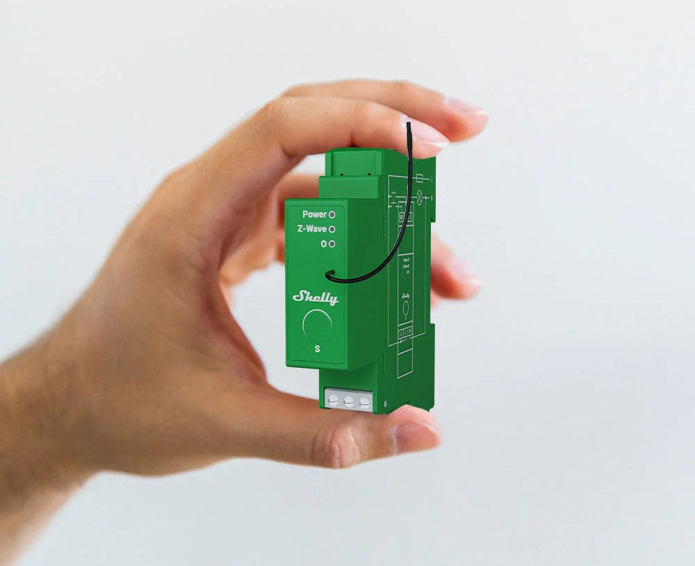 O Shelly Wave Pro Dimmer 1PM é um módulo dimmer inteligente de 1 canal, concebido para montagem em calha DIN, com medição de potência integrada e controlo remoto via Z-Wave S800 (868,4 MHz). 