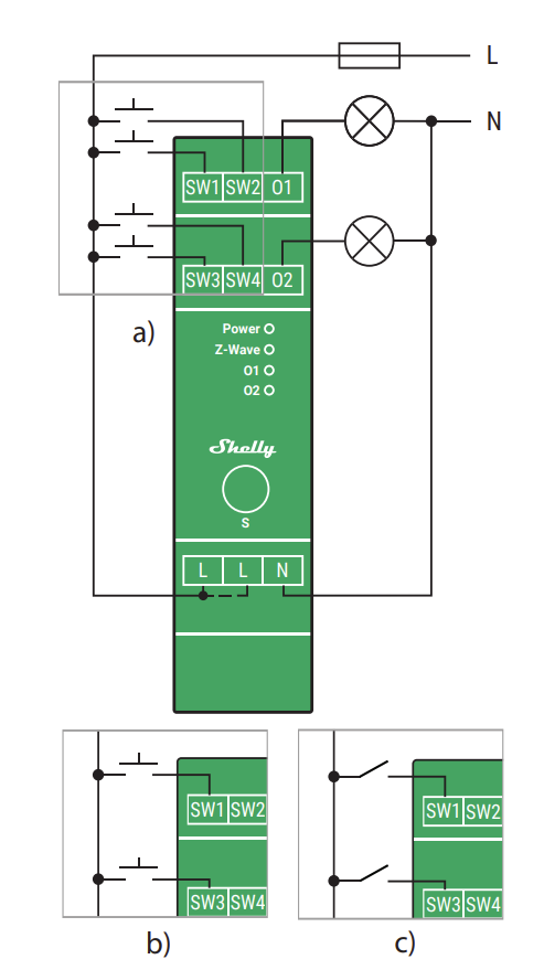 O Shelly Wave Pro Dimmer 2PM é um módulo dimmer inteligente de 2 canais, concebido para montagem em calha DIN, permitindo controlar e medir a potência de cada canal individualmente.