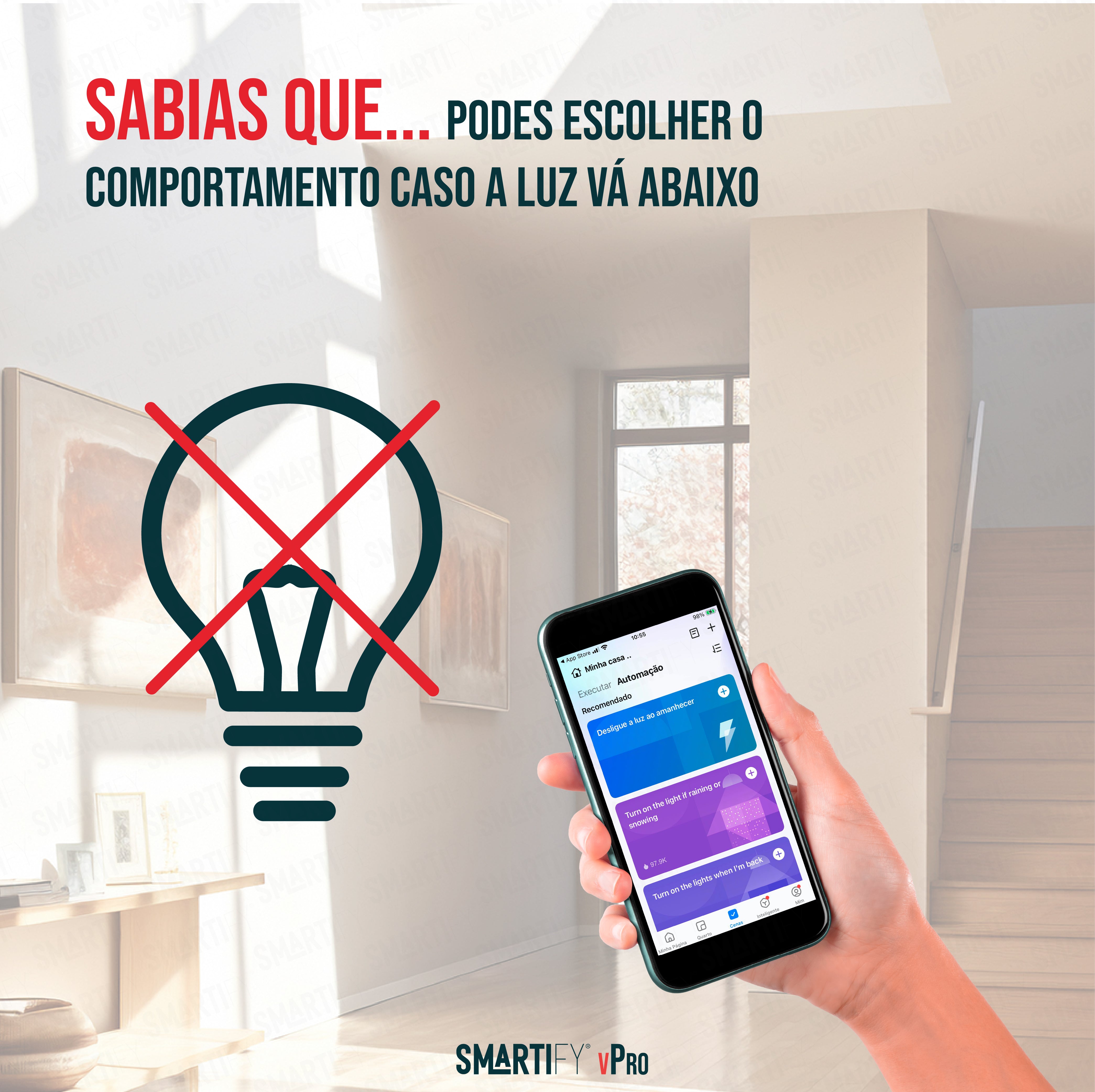 Smartify Interruptor Inteligente Wi-Fi, destacando a opção de poder escolher o comportamento caso a luz vá abaixo. 
